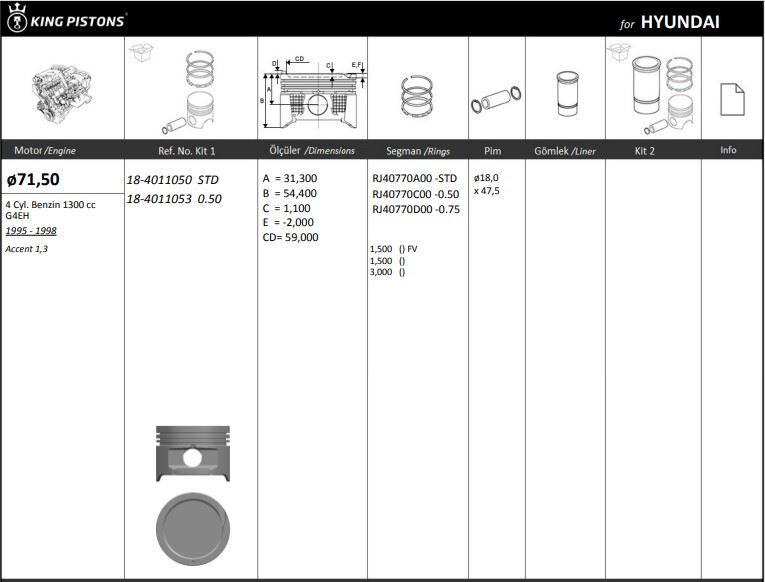 MOTOR PİSTON+SEGMAN (RIKEN) 72,0+0,50MM CAP ACCENT 1,3 G4EH 4 SİL. BENZİNLİ 1300CC 95>98